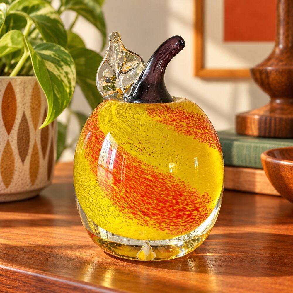 Finnish Handmade Art Glass Apple Paperweight Yellow Orange Red Leaf Finland